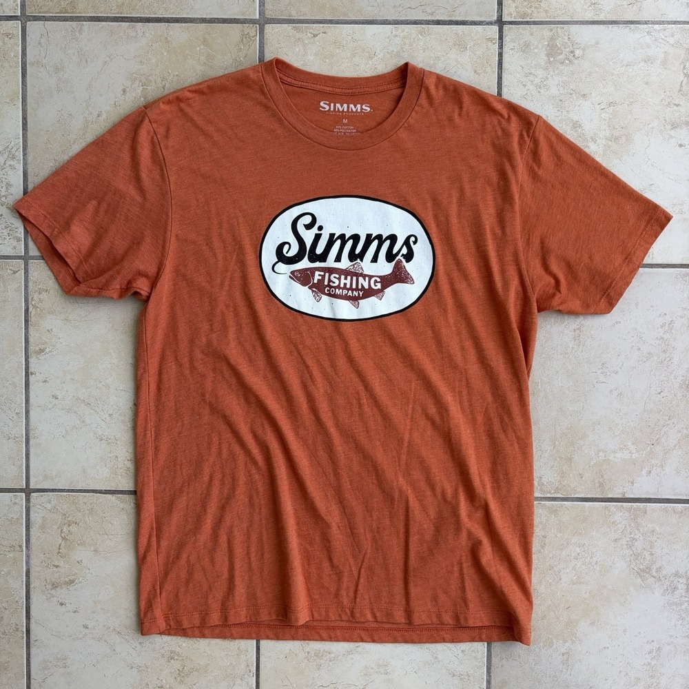 Simms Fishing T Shirt Mens Orange Graphic Print Crewneck Lightweight Tee Logo